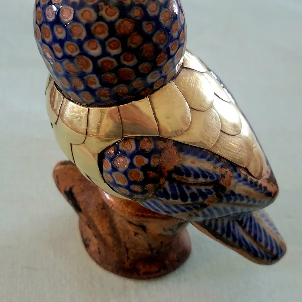 Vintage,Brass, and Ceramic Figurine Blue and Gold Owl Figurine